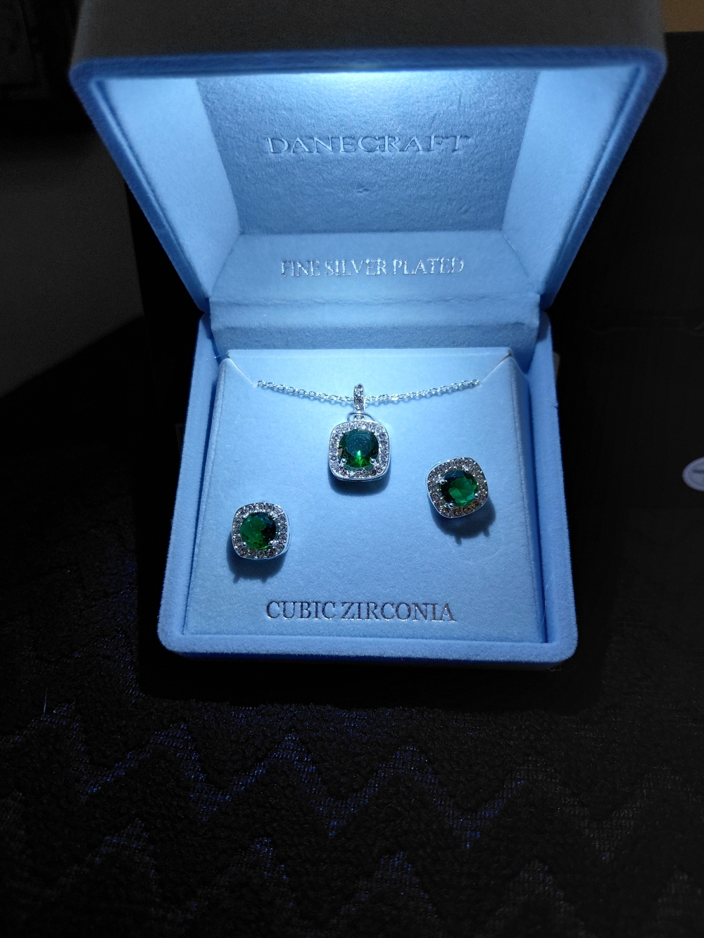 Dancraft Silver-Plated Necklace and Stud Earrings with Emerald Green Stones